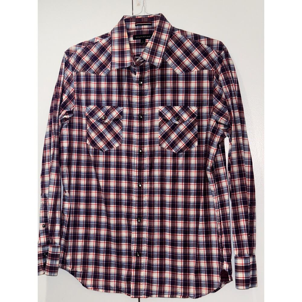 Banana Republic Shirt Mens Large Red Blue Plaid Stretch Button Up Long Sleeve Co